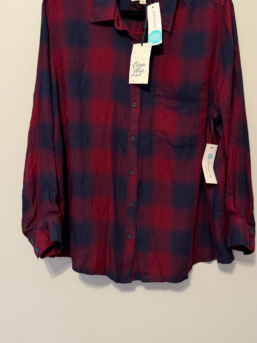 NWT Cosmic Blue Love Plaid Button Down Blouse 1X Rayon